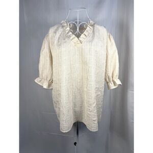 Unbranded Blouse Women 2XL Cream Textured Ruffle V-Neck 3/4 Sleeve Blouse